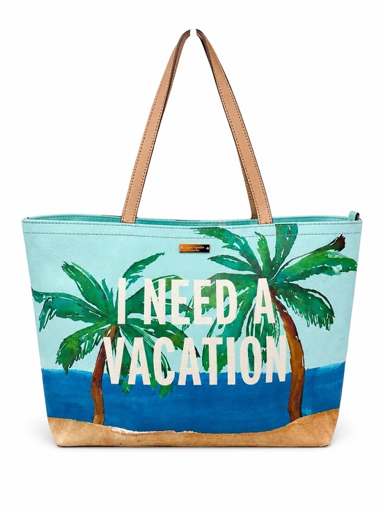 kate spade Handbags - kate spade Palm-Print 'I Need A Vacation' Tote in Aqua with Tan Handles